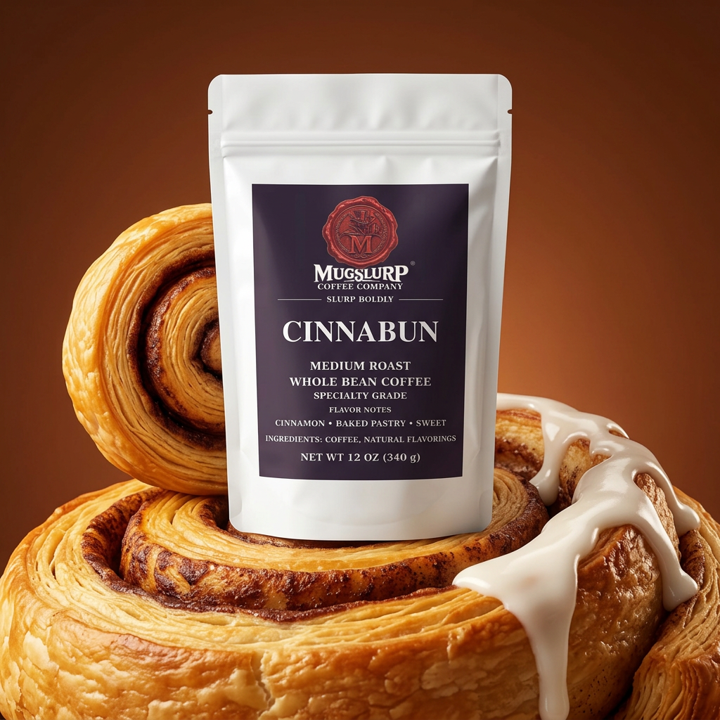 Mugslurp Cinnabun white Mylar bag with an oversized cinnamon-roll studio set