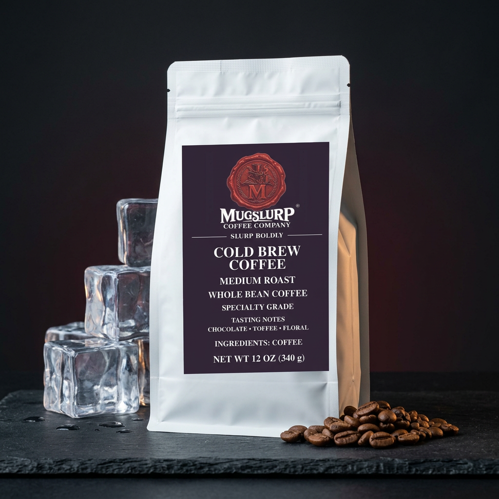 Mugslurp Cold Brew white Mylar bag in a chilled slate-and-ice studio set