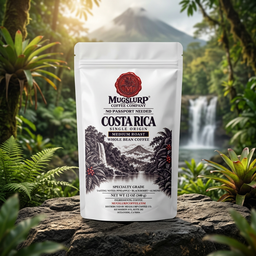 Mugslurp Costa Rica white Mylar bag in a lush cloud-forest setting