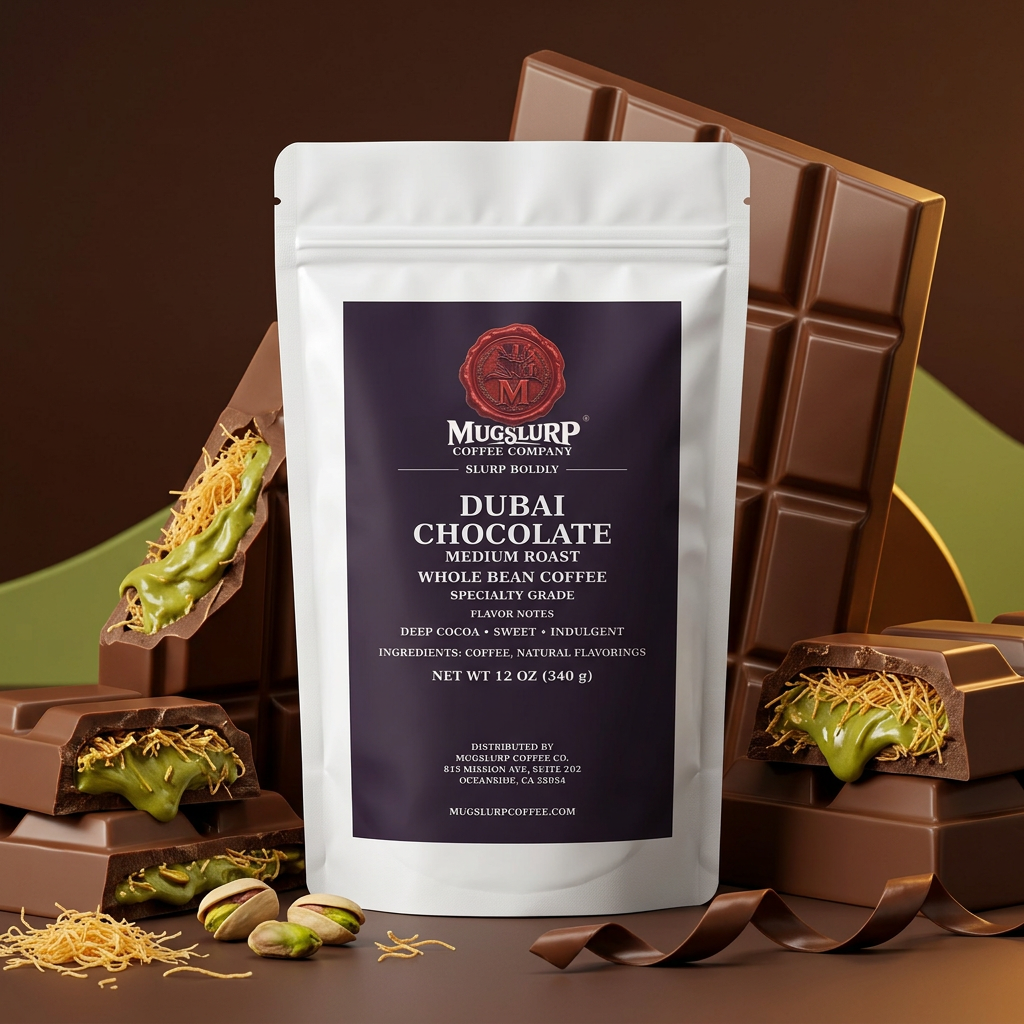 Mugslurp Dubai Chocolate white Mylar bag in a luxurious chocolate studio set