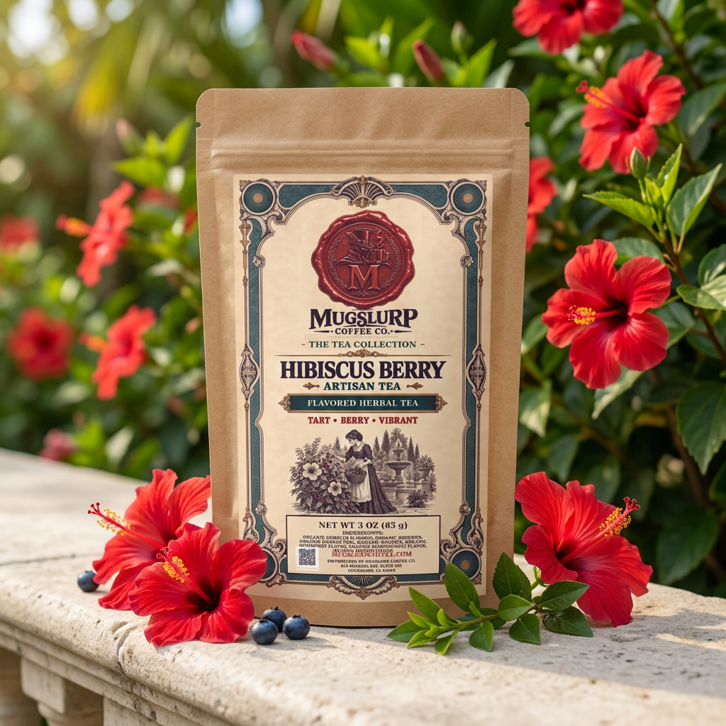 Mugslurp Hibiscus Berry kraft bag in a sunlit tropical garden