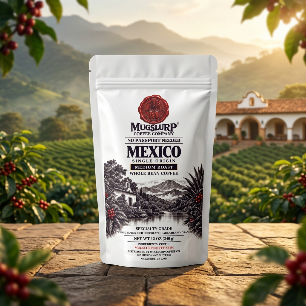 Mugslurp Mexico white Mylar bag in a mountain coffee-farm setting