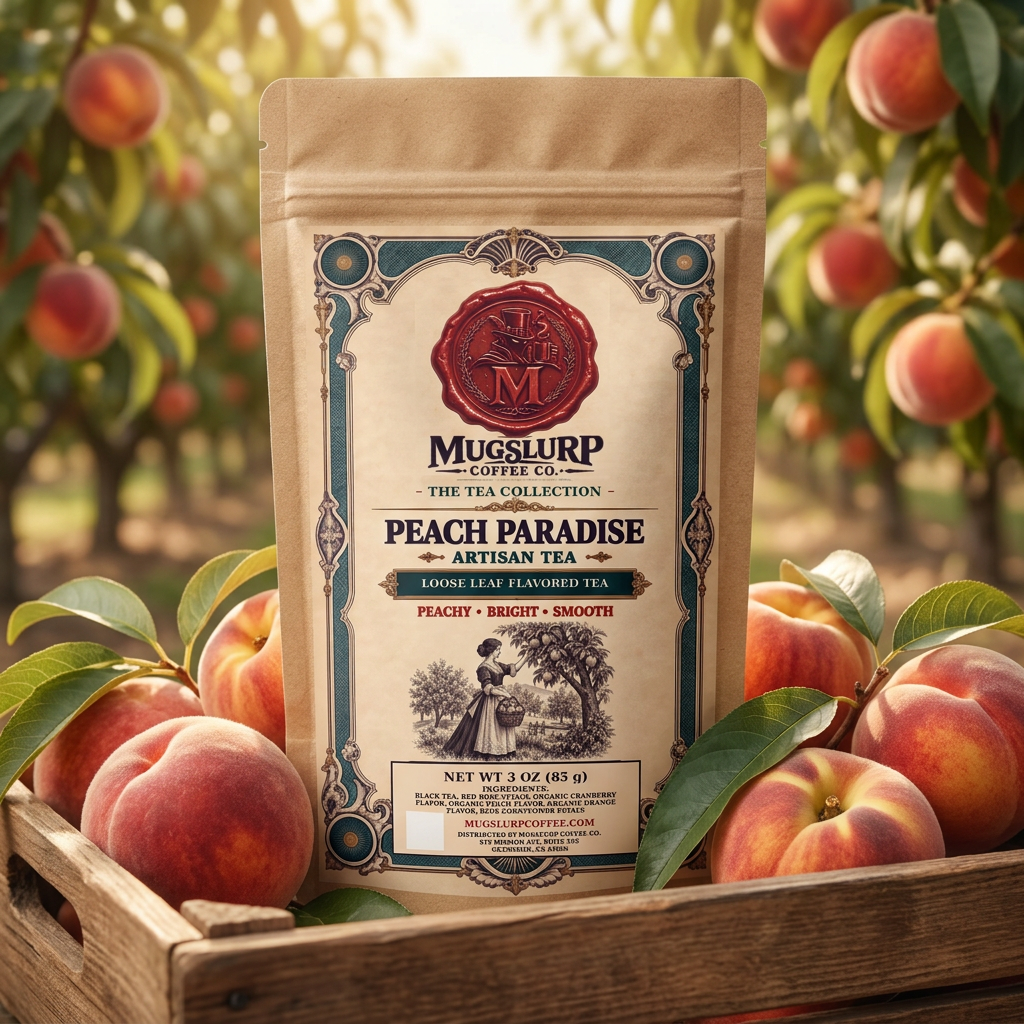 Mugslurp Peach Paradise kraft bag in a sunlit peach orchard