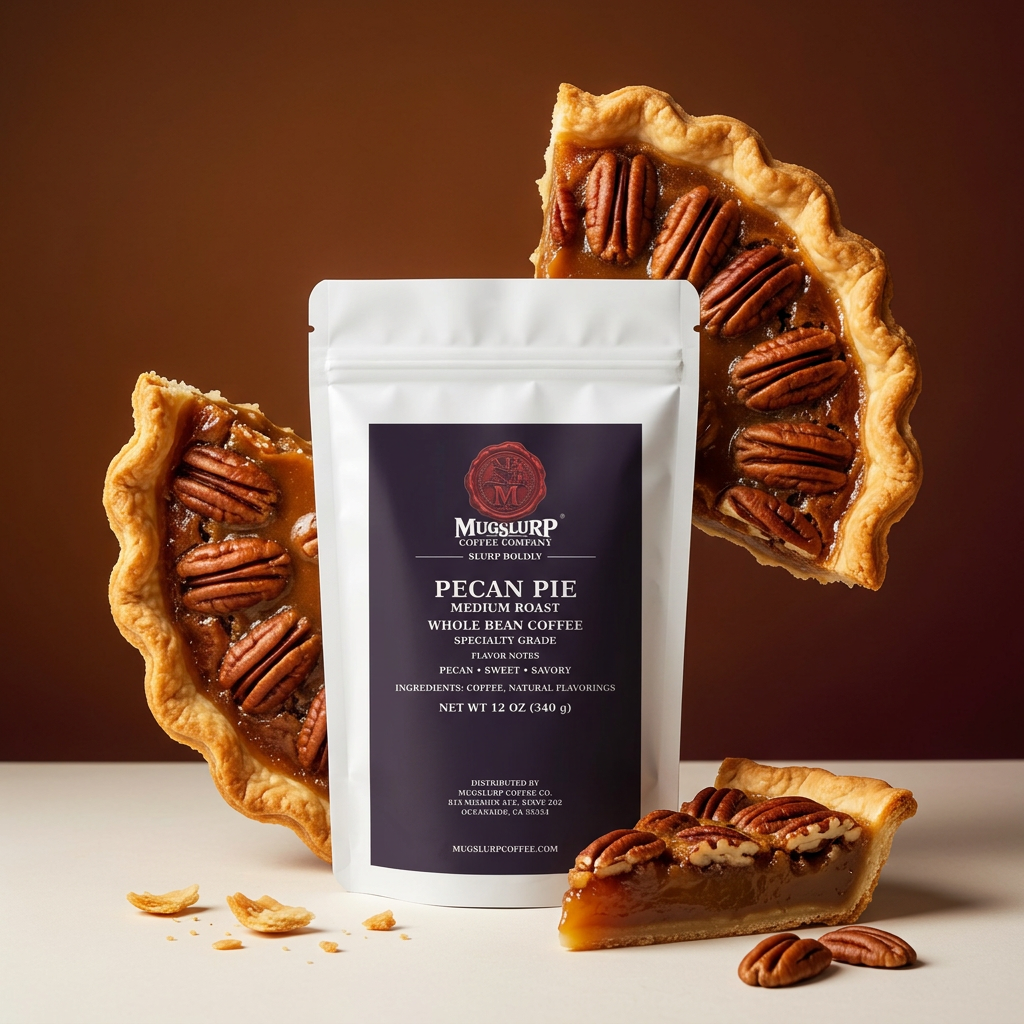 Mugslurp Pecan Pie white Mylar bag in an oversized pecan-tart studio set