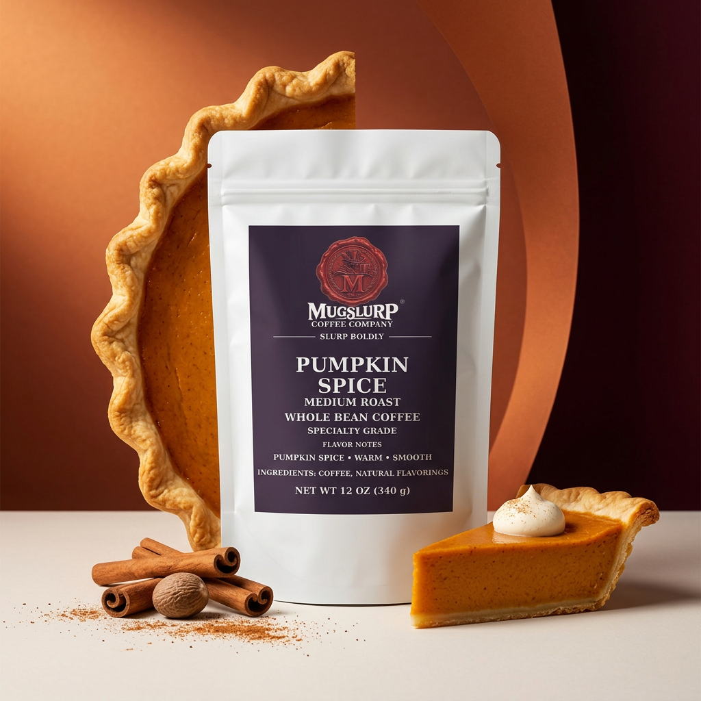 Mugslurp Pumpkin Spice white Mylar bag in a pumpkin-pie studio set
