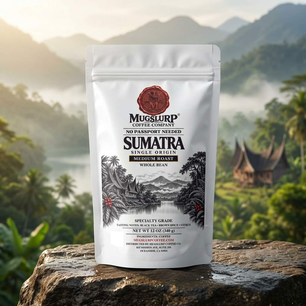 Mugslurp Sumatra white Mylar bag in a rainforest lakeside setting