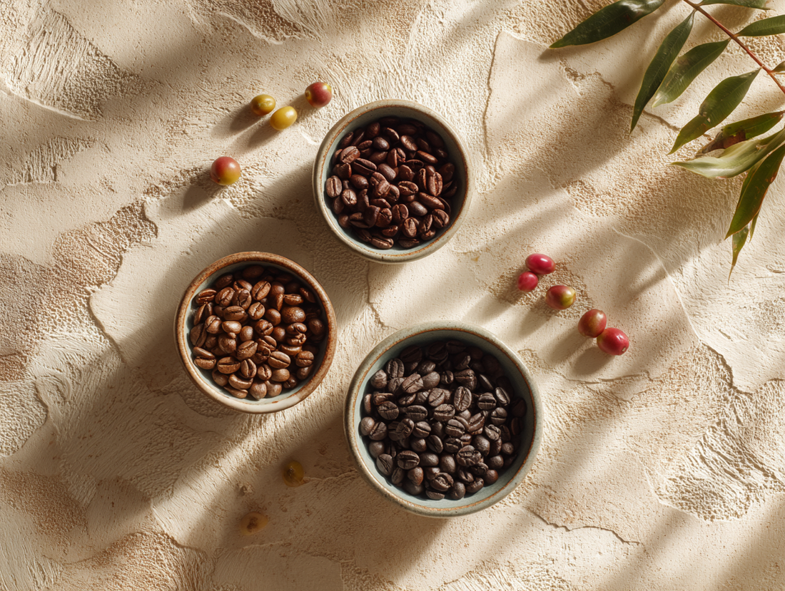World map with coffee growing regions highlighted surrounded by coffee cherries and beans
