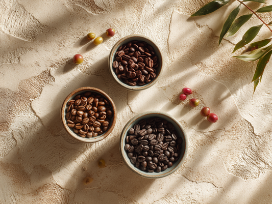 World map with coffee growing regions highlighted surrounded by coffee cherries and beans