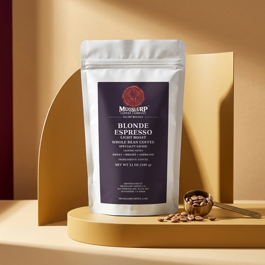 Mugslurp Blonde Espresso whole-bean coffee bag in a warm golden studio setting