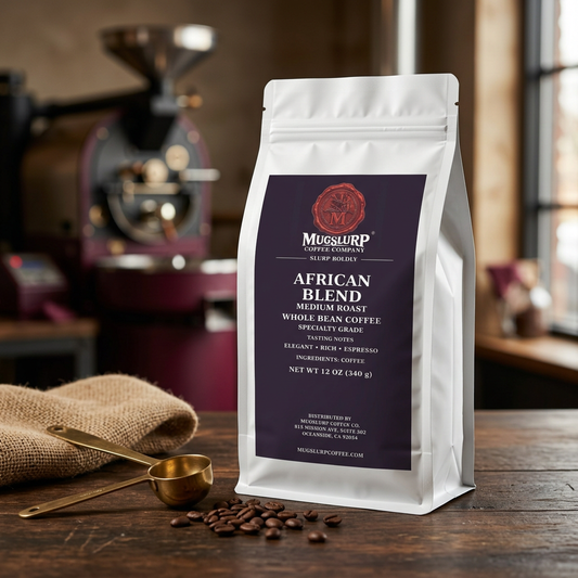 Mugslurp African Blend white Mylar bag in a warm roastery setting