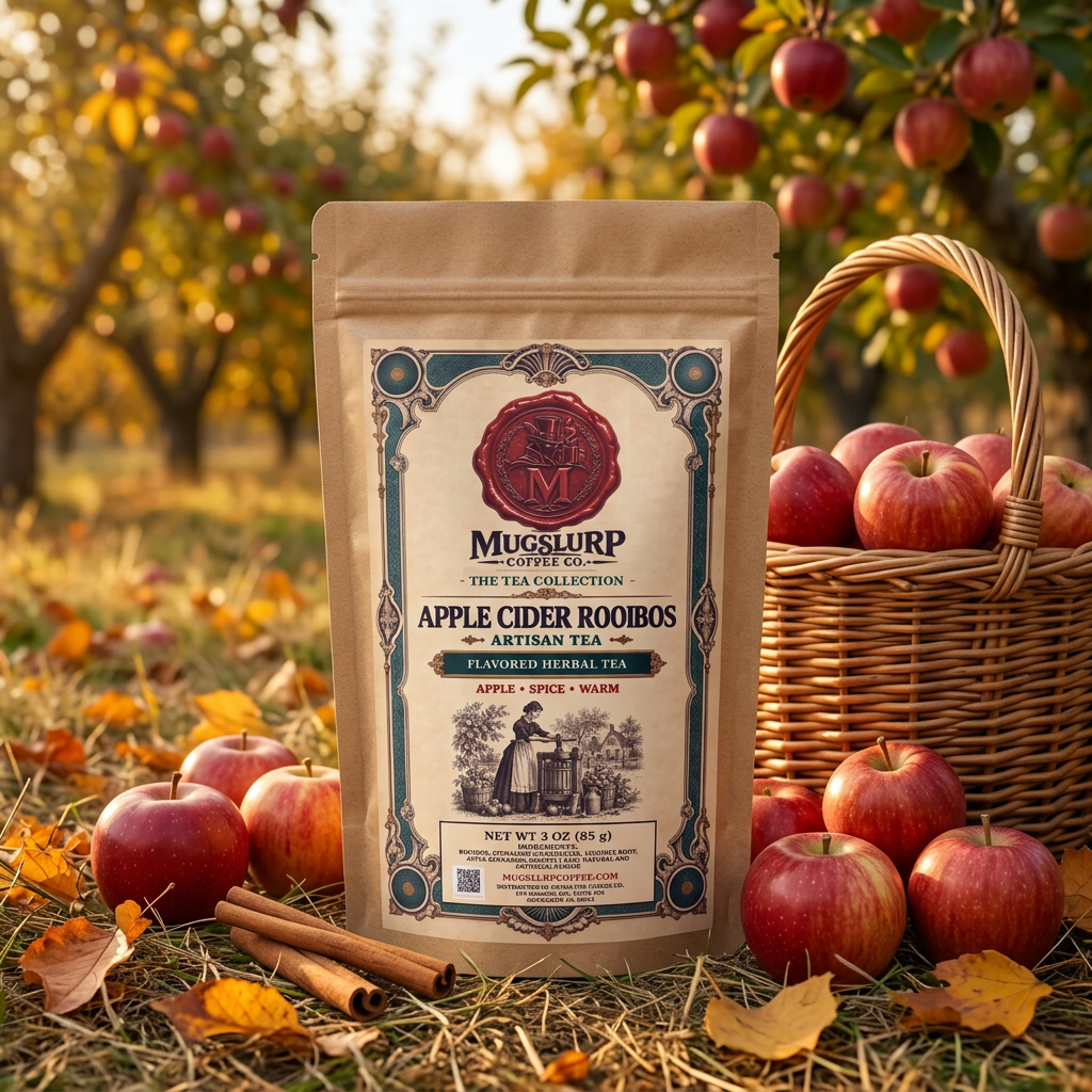 Mugslurp Apple Cider Rooibos kraft bag in an autumn apple orchard