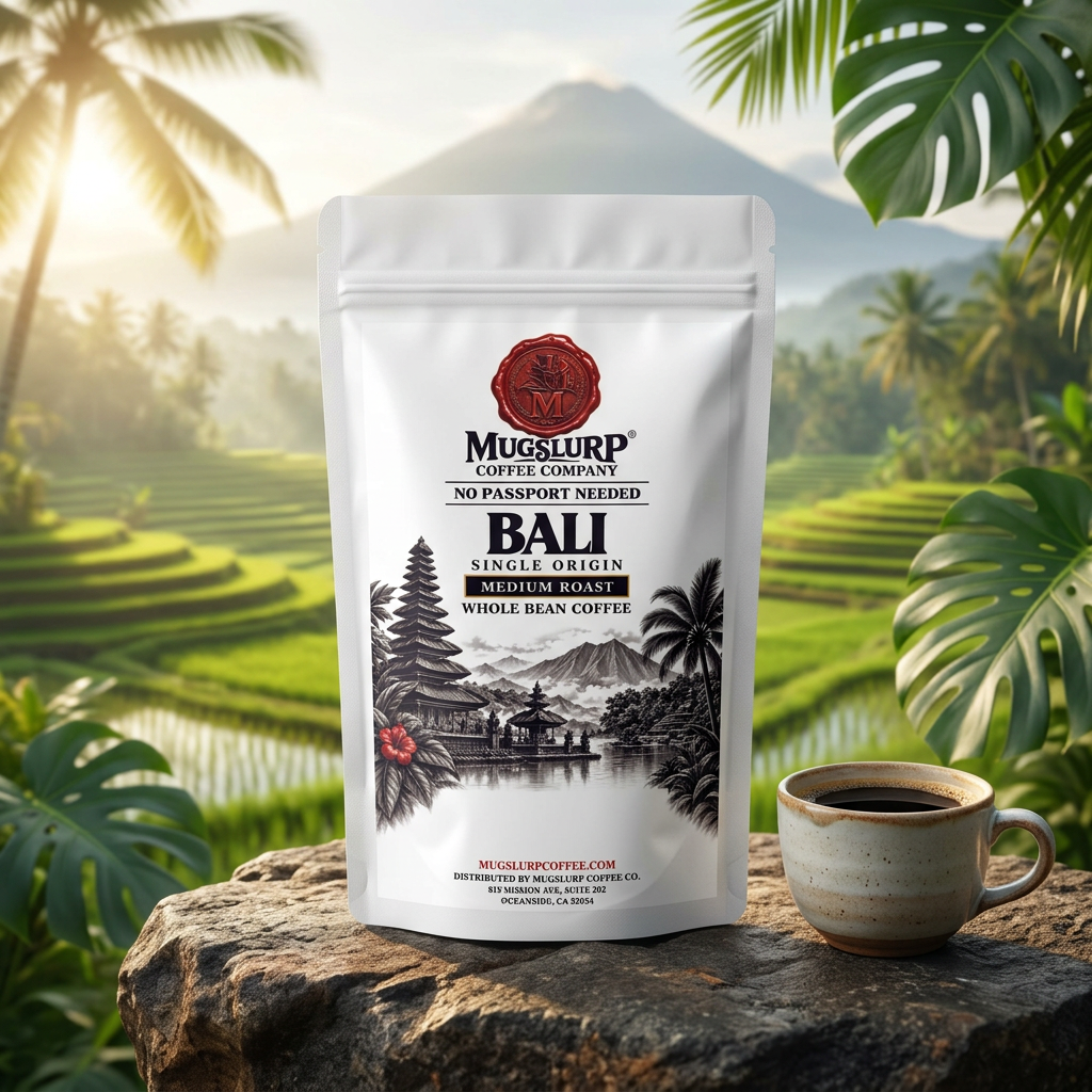 Mugslurp Bali white Mylar coffee bag in a lush Bali-inspired setting