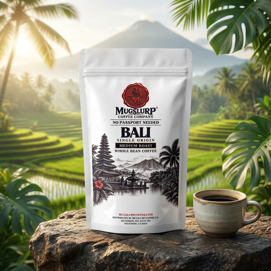Mugslurp Bali white Mylar coffee bag in a lush Bali-inspired setting