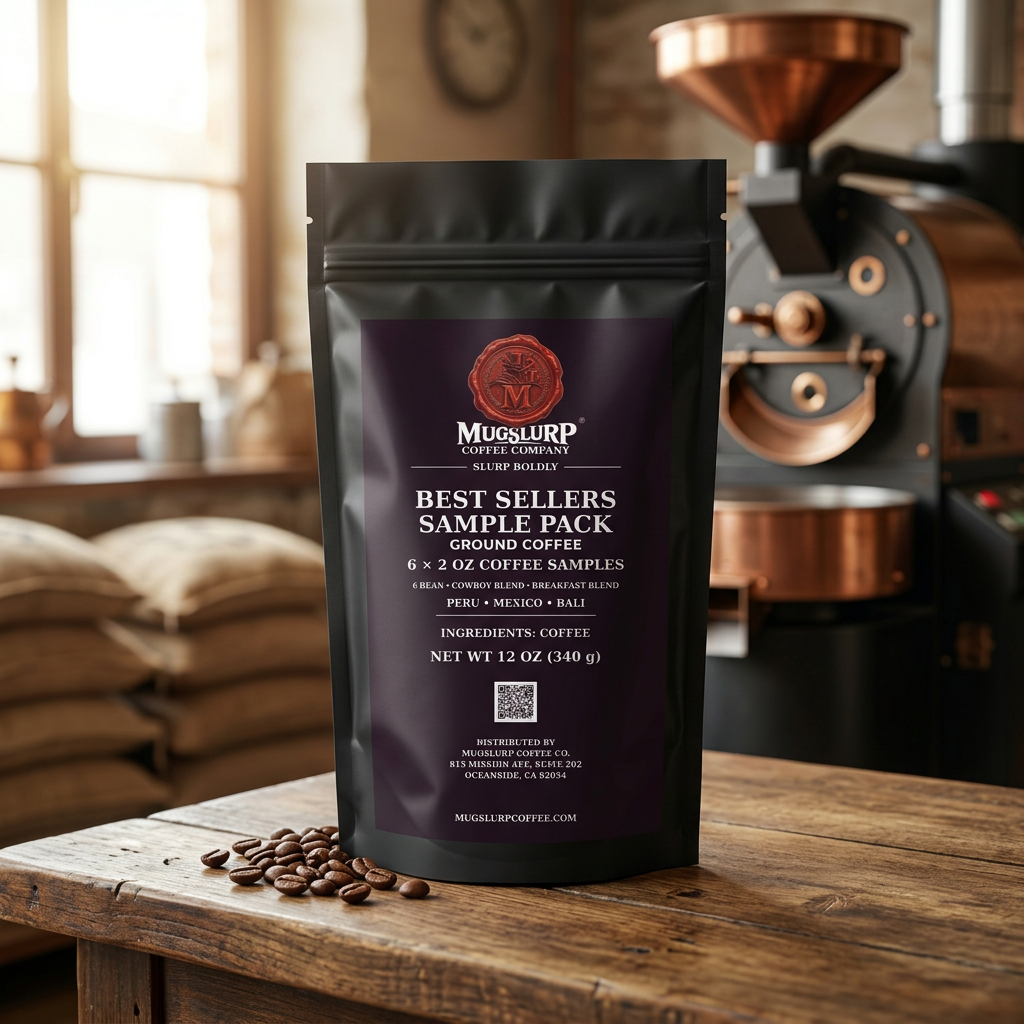 Mugslurp Best Sellers sampler black Mylar bag in a vintage coffee roastery