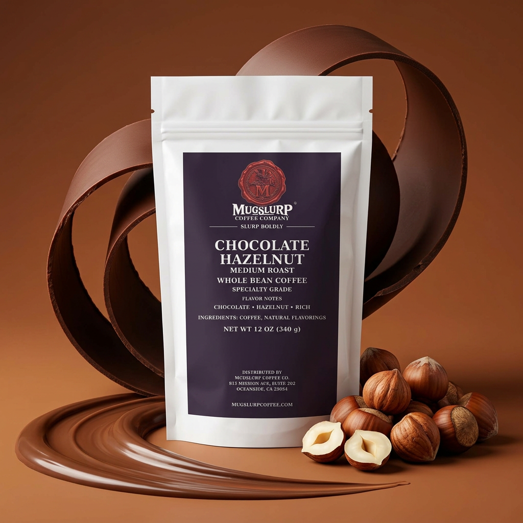Mugslurp Chocolate Hazelnut white Mylar bag in a chocolate-and-hazelnut studio set