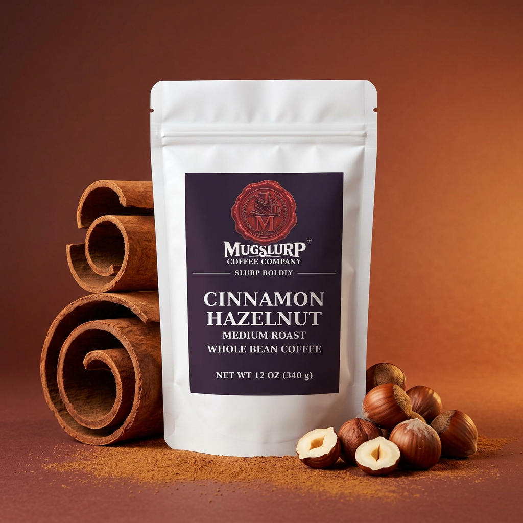Mugslurp Cinnamon Hazelnut white Mylar bag in a cinnamon-and-hazelnut studio set