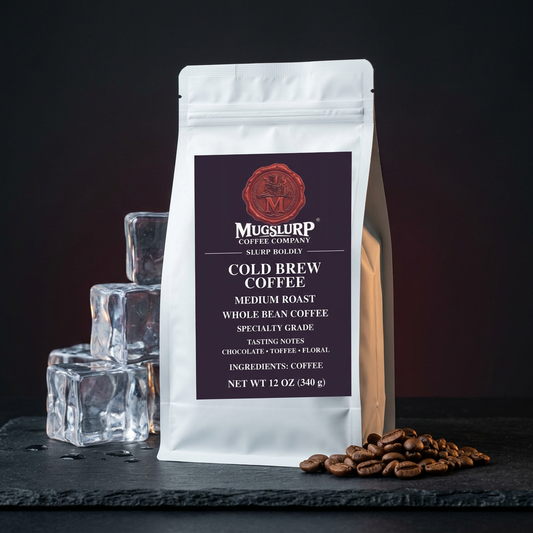 Mugslurp Cold Brew white Mylar bag in a chilled slate-and-ice studio set