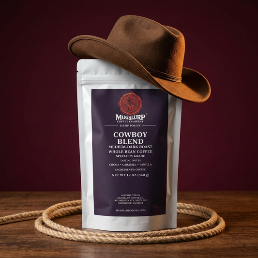 Mugslurp Cowboy Blend white bag wearing a cowboy hat with a loose lasso