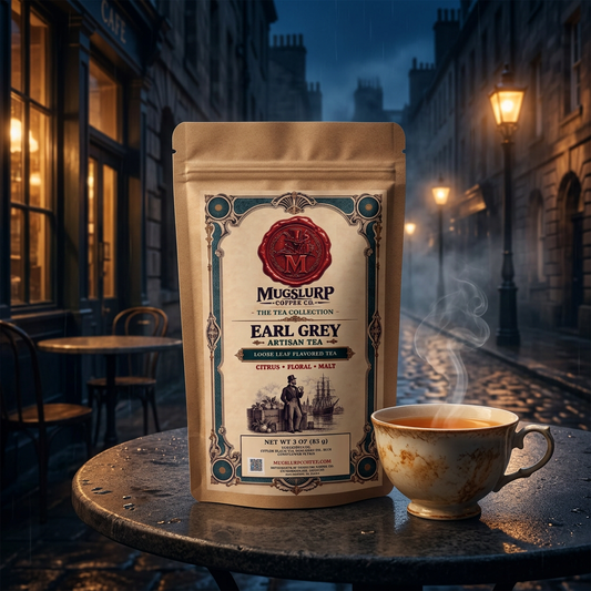 Mugslurp Earl Grey kraft bag on a misty, rain-soaked London night