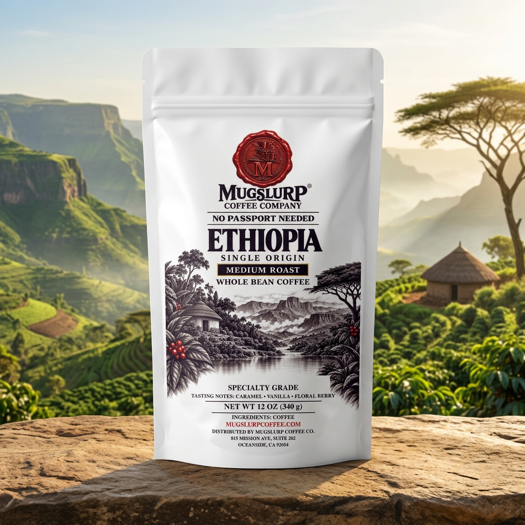 Mugslurp Ethiopia white Mylar bag in an Ethiopian-highlands-inspired setting