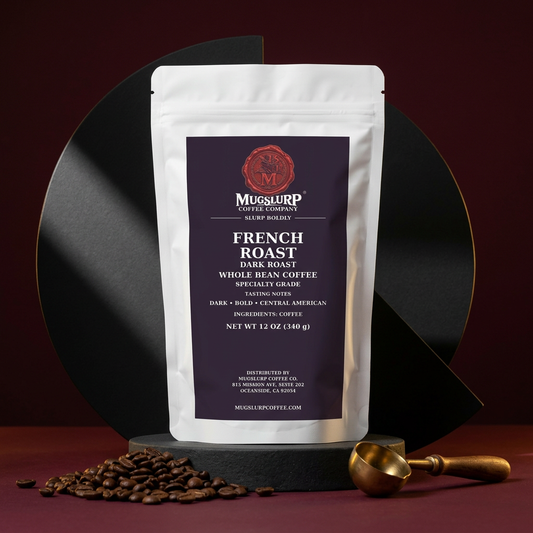 Mugslurp French Roast white Mylar bag in a dramatic charcoal-and-burgundy studio set