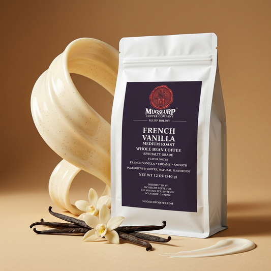 Mugslurp French Vanilla white Mylar bag in a vanilla-inspired studio set