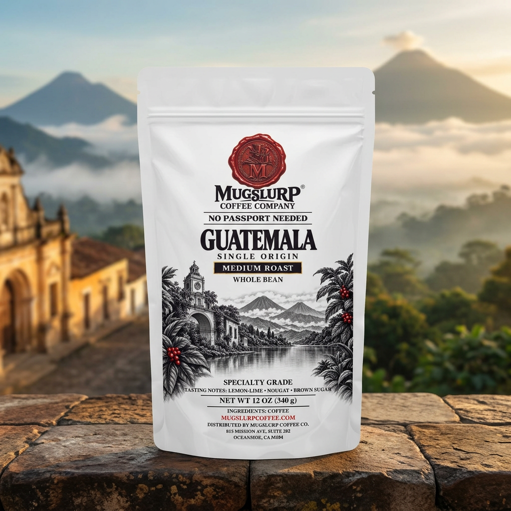 Mugslurp Guatemala white Mylar bag in a volcanic highland setting