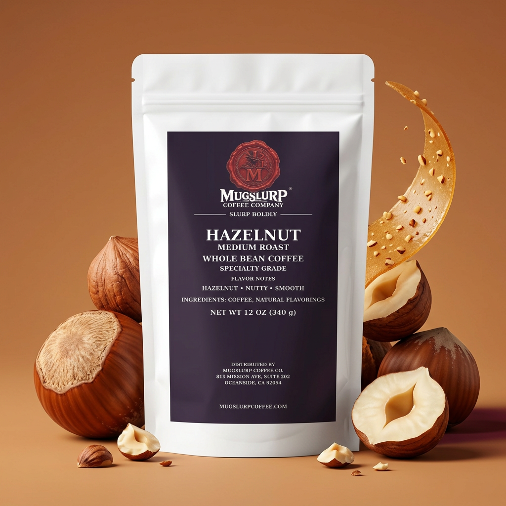 Mugslurp Hazelnut white Mylar bag in a toasted-hazelnut studio set