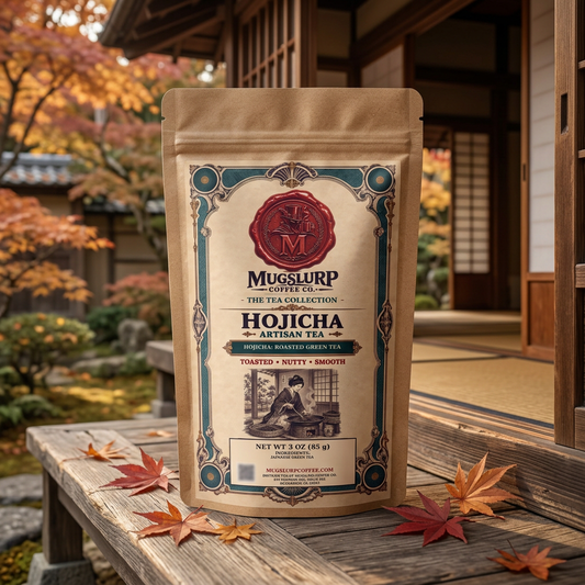 Mugslurp Hojicha kraft bag outside a Kyoto tea house in autumn