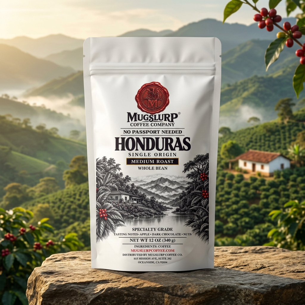 Mugslurp Honduras white Mylar bag in a lush mountain coffee-farm setting