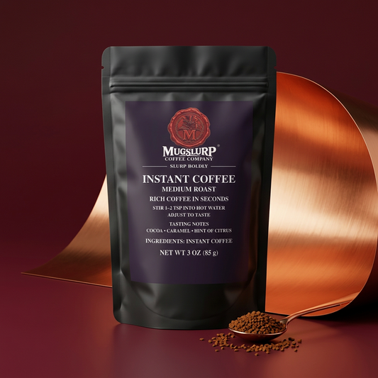Mugslurp Instant Coffee black Mylar bag in a copper studio set