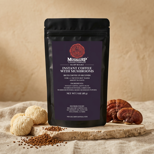 Mugslurp Instant Coffee with Mushrooms black Mylar bag in an earthy studio set