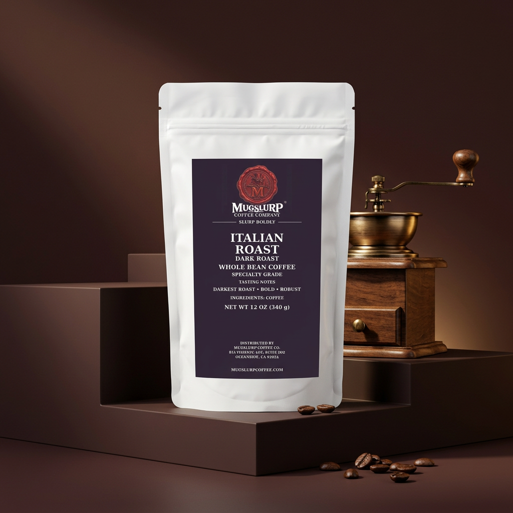 Mugslurp Italian Roast white Mylar bag in an espresso-brown studio set