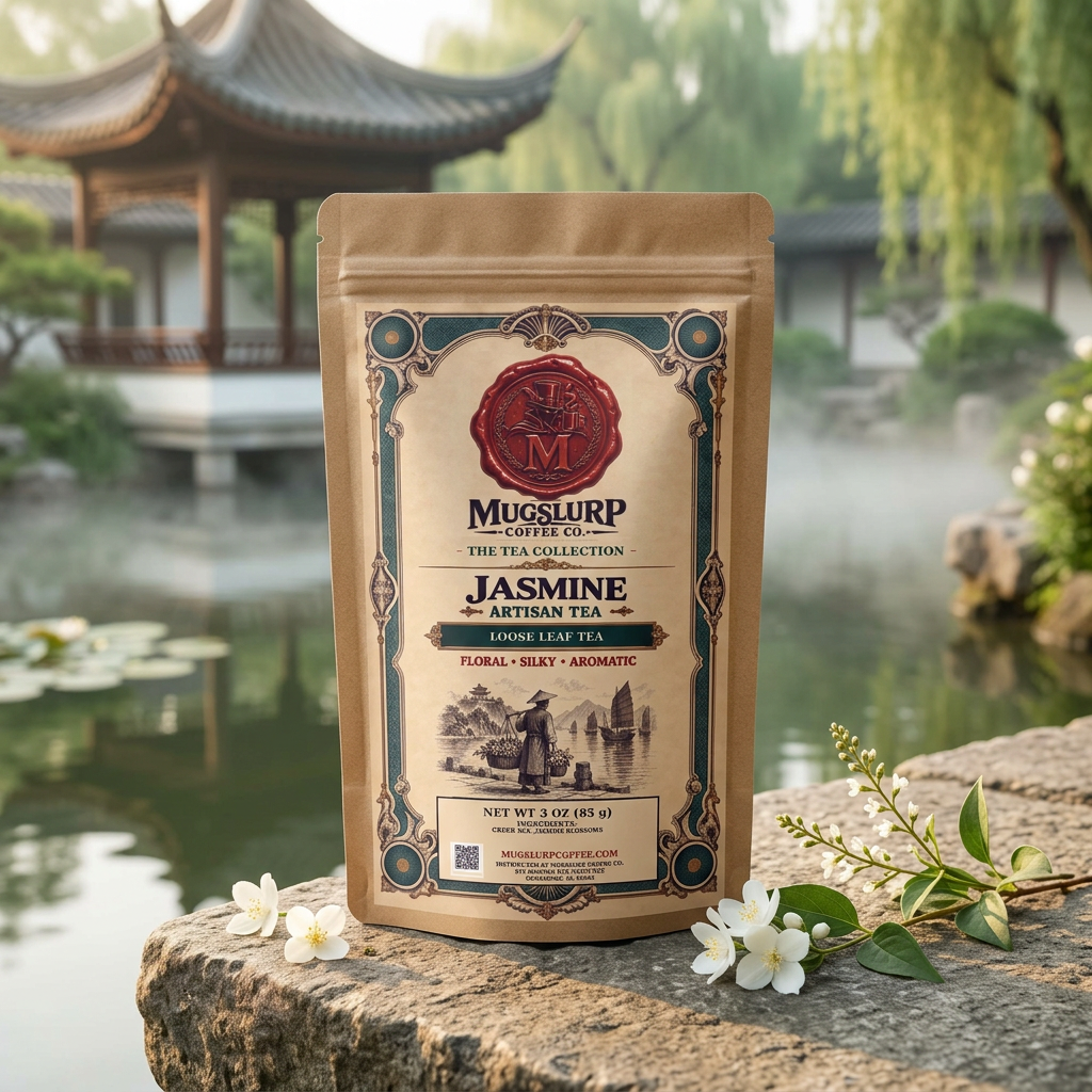 Mugslurp Jasmine kraft bag beside a misty Chinese garden pond