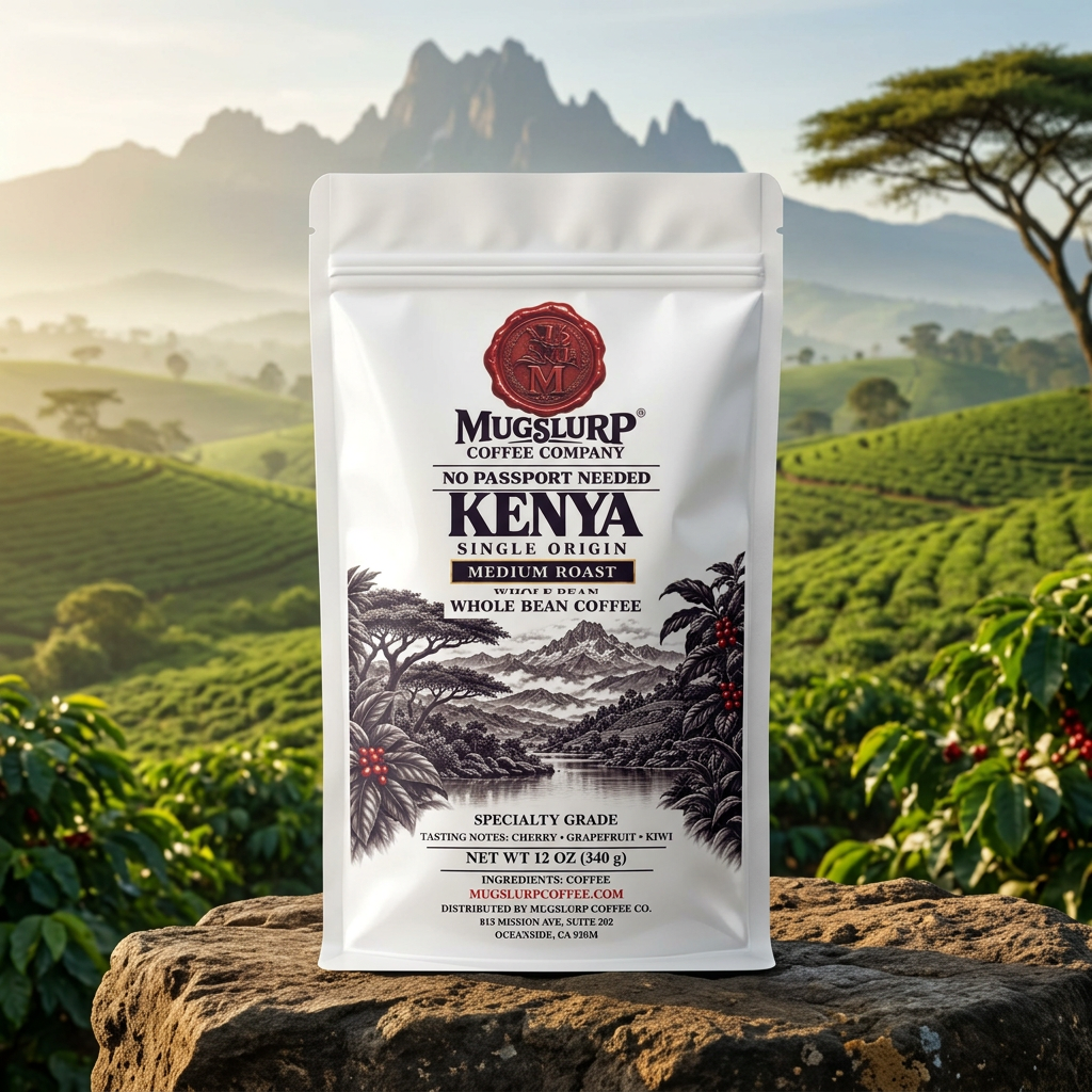 Mugslurp Kenya white Mylar bag in a sunlit highland setting
