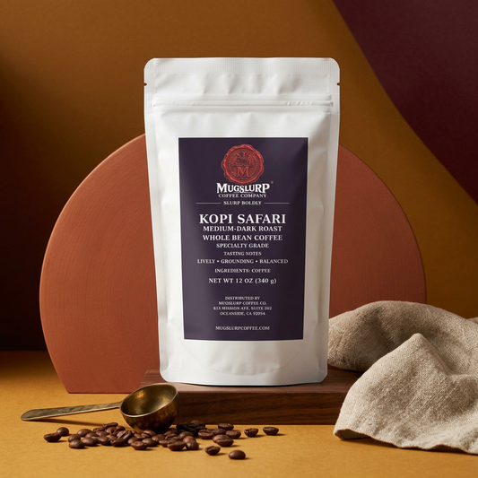 Mugslurp Kopi Safari white Mylar bag in a warm textured studio set