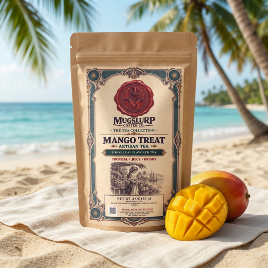 Mugslurp Mango Treat kraft bag in a sunny tropical beach picnic setting