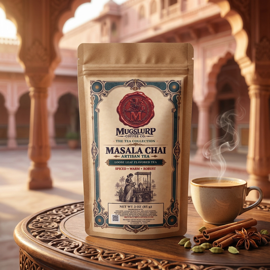 Mugslurp Masala Chai kraft bag in a warm Jaipur courtyard setting