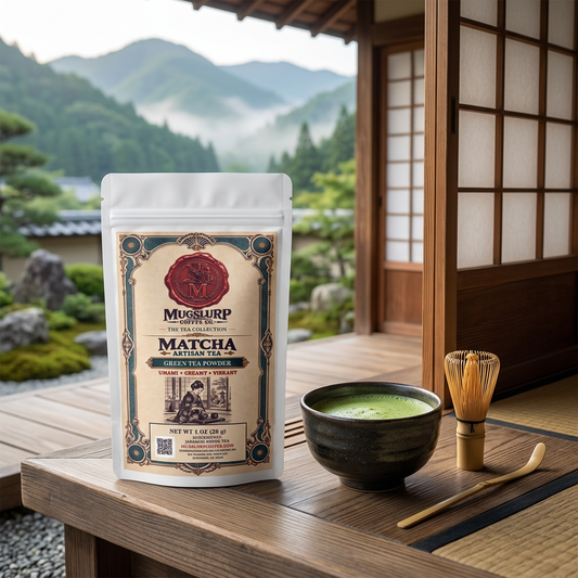 Mugslurp Matcha white pouch and matcha bowl on a Japanese doorstep overlooking mountains