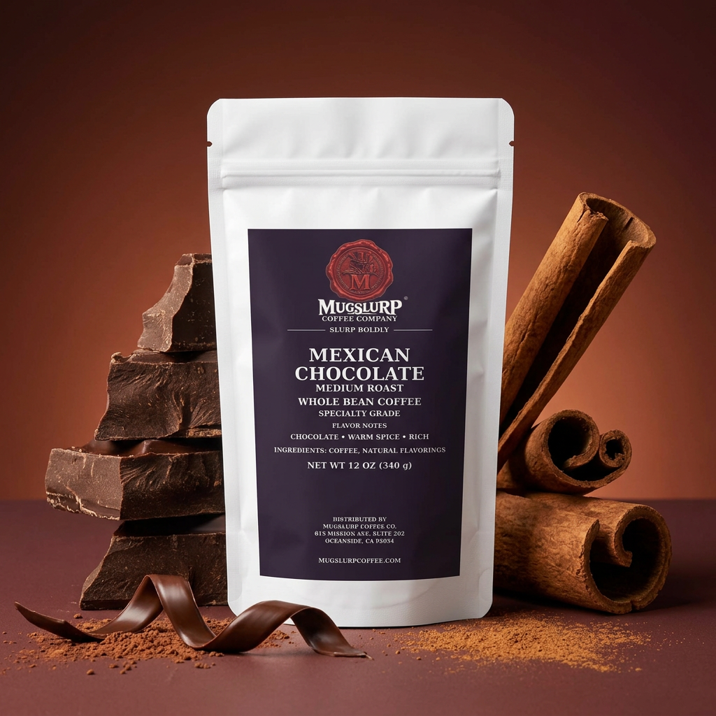 Mugslurp Mexican Chocolate white Mylar bag in a chocolate-and-spice studio set