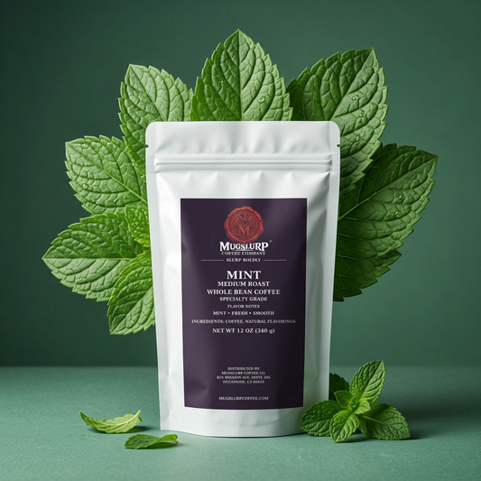Mugslurp Mint white Mylar bag in a fresh mint-leaf studio set