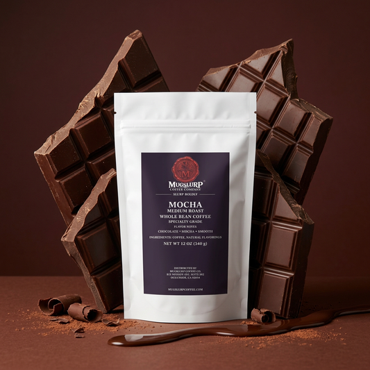 Mugslurp Mocha white Mylar bag in an oversized chocolate studio set