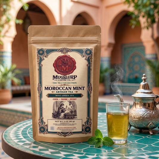 Mugslurp Moroccan Mint kraft bag in a sunlit Marrakech courtyard