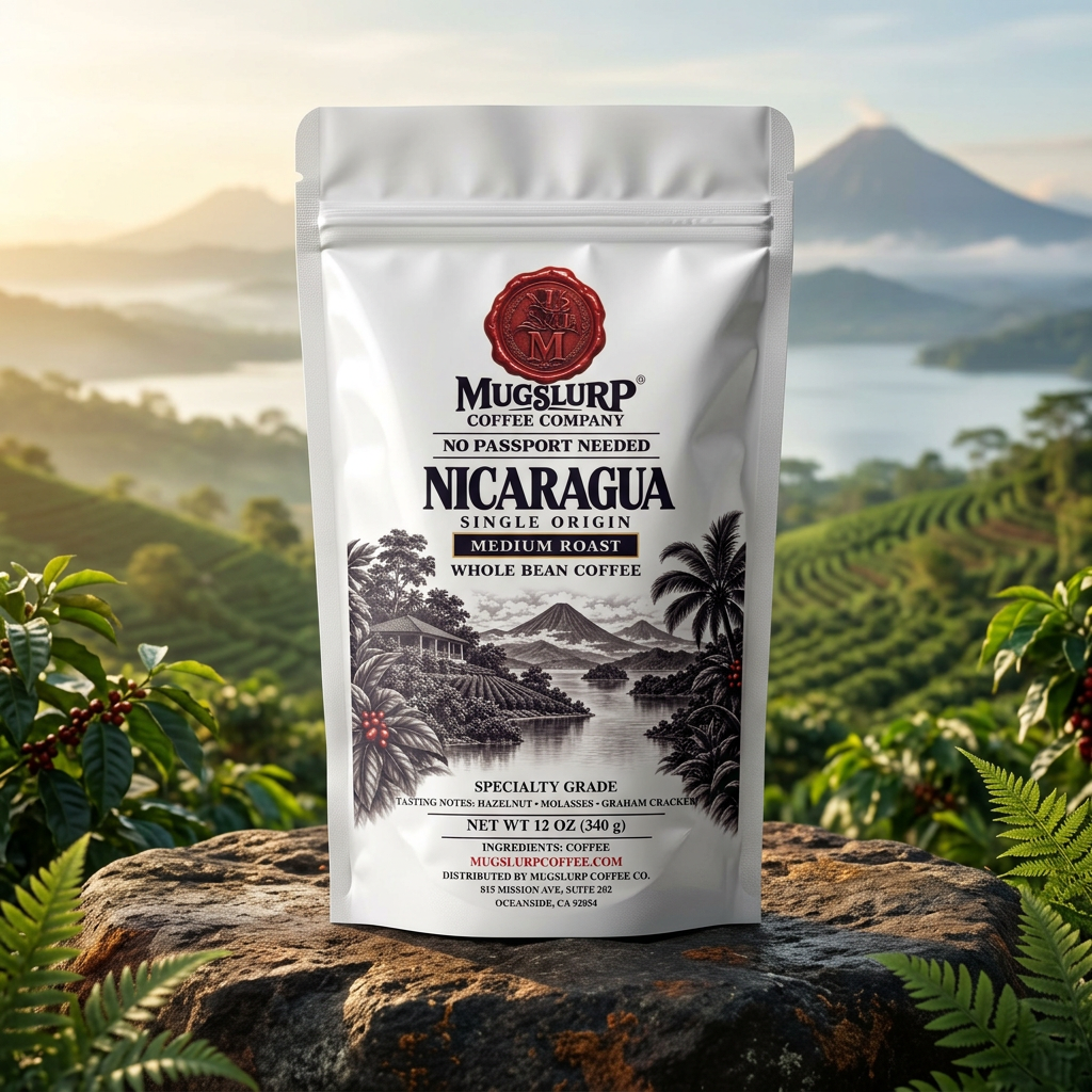 Mugslurp Nicaragua white Mylar bag in a volcanic lakeside setting