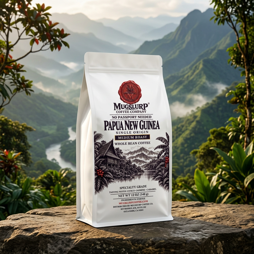 Mugslurp Papua New Guinea white Mylar bag in a rainforest highland setting