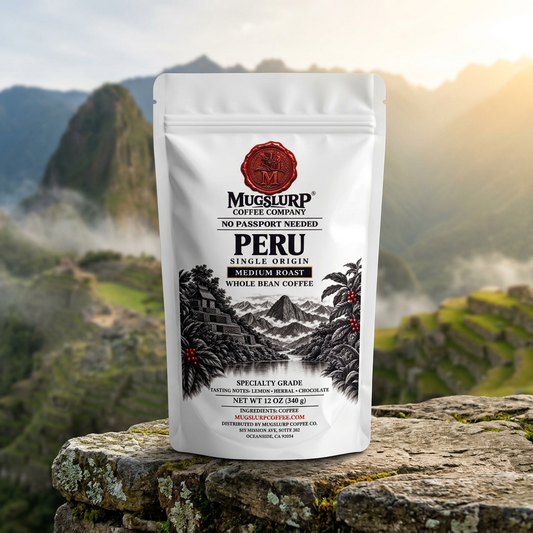 Mugslurp Peru white Mylar bag in an Andean terrace setting