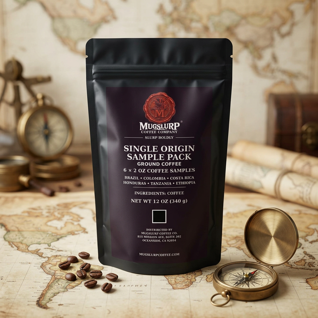 Mugslurp Single Origin sampler with a vintage world map and brass compass