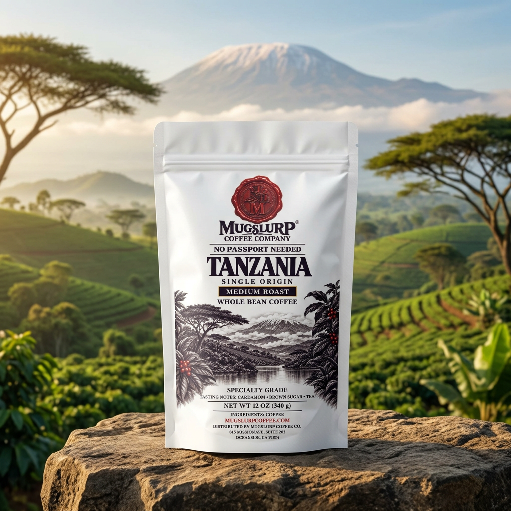 Mugslurp Tanzania white Mylar bag in a sunlit highland setting