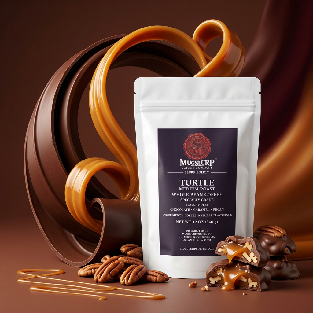 Mugslurp Turtle white Mylar bag in a chocolate-caramel-pecan studio set