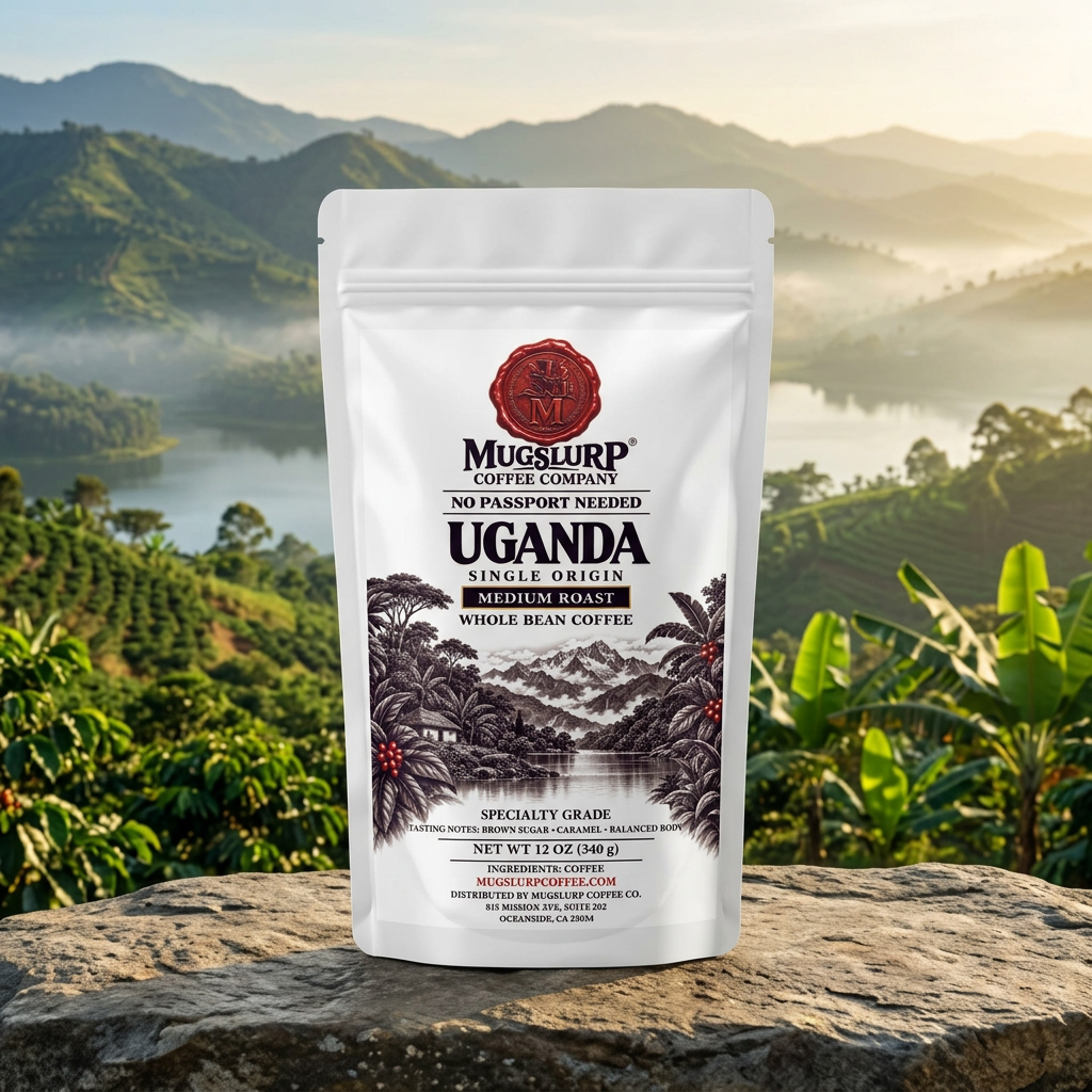 Mugslurp Uganda white Mylar bag in a lush highland lakeside setting